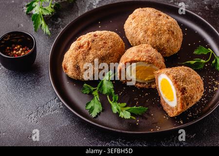 Traditional Scotch Eggs on a black plate, on a dark background. Stock Photo