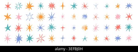 Star crayon set for kids isolated on white background. Colorful wax crayons for drawing, creativity, school education. Cute art supplies for children, preschool and kindergarten. Vector illustration Stock Vector