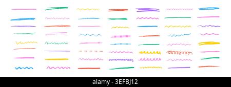 Line crayon underline for brush pencil stroke and pastel color emphasis. Paint chalk shape for pen doodle kid and strikethrough texture hand. Marker scribble watercolor for drawn scratch strip. Stock Vector