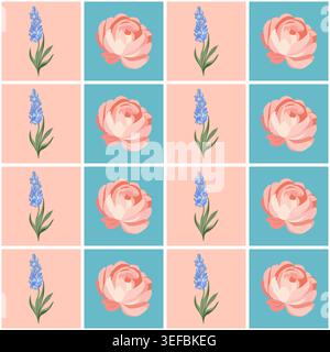 A seamless vector checkered pattern with peonies and lavender in peach and blue squares. A spring floral pattern for textiles, wallpaper, and prints. Stock Vector