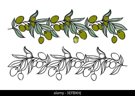 Horizontal seamless border set with olive branches and fruit. Botanical vector illustration in green and black line art for ribbon and package design. Stock Vector
