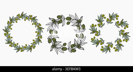 Vector set of three olive branch wreaths with leaves and fruit. Elegant circular ornament and frame for wedding invitation, logo, and menu design. Stock Vector