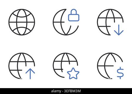 Global internet and web icons set editable stroke line vector illustration. Stock Vector