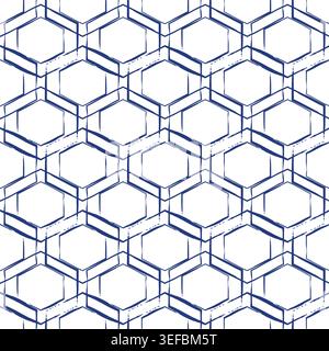 Blue and white seamless geometric hand drawn vector pattern background with concentric organic hexagon shapes. Nautical netting grid inspired backdrop Stock Vector