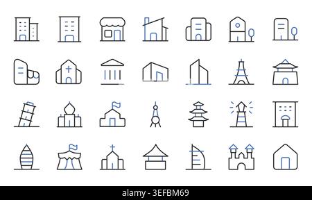 Buildings Landmarks Architecture City Icons Editable Stroke Line Vector Illustration Set. Stock Vector