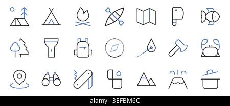 Camping outdoor adventure travel icons set editable stroke line vector illustration. Stock Vector