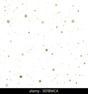 Gold glitter stars and confetti scattered on white background. Festive sparkle texture illustration Stock Vector