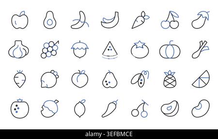 Fruits and vegetables icons set editable stroke line vector illustration. Stock Vector