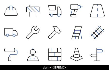 Construction Tools Equipment Safety Transport Icons Editable Stroke Line Vector Illustration Set. Stock Vector