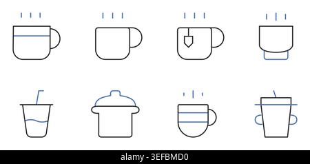 Coffee and beverage cups icons set editable stroke line vector illustration. Stock Vector