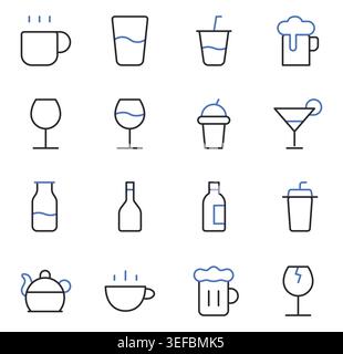Drinks and Beverages Icons Editable Stroke Line Vector Illustration Set. Stock Vector