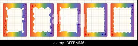 Rainbow Gradient LGBT Pride Vector Frames Set, Cute Whimsical Wavy Scalloped Rectangle Borders with Colorful Sparkle Elements for LGBTQ Planners, Jour Stock Vector