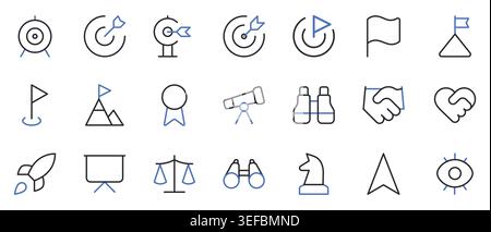 Goal achievement and success icons set target mission vision strategy editable stroke line vector illustration. Stock Vector