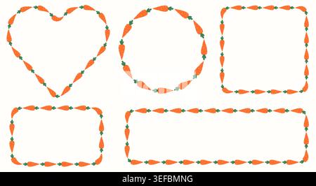 Carrot Vector Frames Set, Cute Spring Garden Vegetable Borders, Heart Circle Rectangle Labels Stock Vector