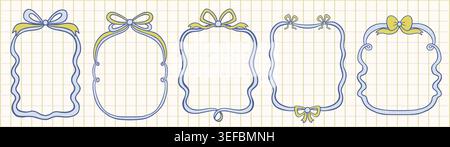Hand Drawn Blue Wavy Coquette Frames with Bow Ribbons Vector Set , Doodle Whimsical Girly Borders for Vintage Labels, Italian Mediterranean Summer Par Stock Vector