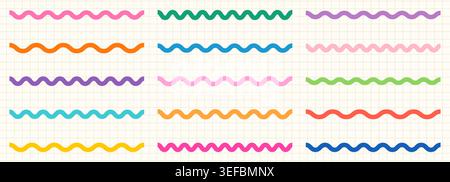 Colorful wavy squiggly vector lines set, cute rainbow wiggly border dividers for kids school worksheets, digital planning and scrapbook design Stock Vector