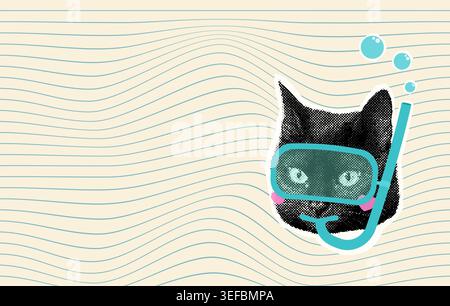 Cute Black Snorkeling Cat Vector Collage, Retro Halftone Summer Animal, Funny Scuba Diving Kitty on Wavy Striped Sea Background Stock Vector