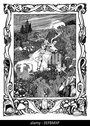 child riding on back of deer, illustration by Harold Nelson from A Real Queen’s Fairy Book, the Studio Magazine volume 24 1902 Stock Photo