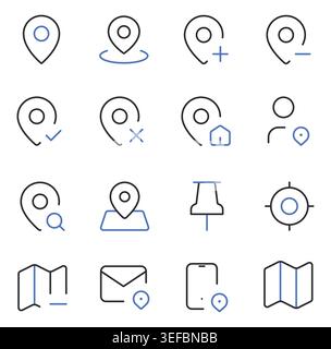 Location and navigation icons set map pin GPS direction editable stroke line vector illustration. Stock Vector