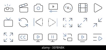Media player and video control icons set editable stroke line vector illustration. Stock Vector