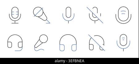 Microphone and Headphones icons set editable stroke line vector illustration. Stock Vector