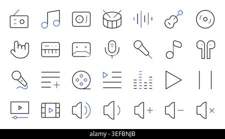 Music and audio control icons set editable stroke line vector illustration. Stock Vector