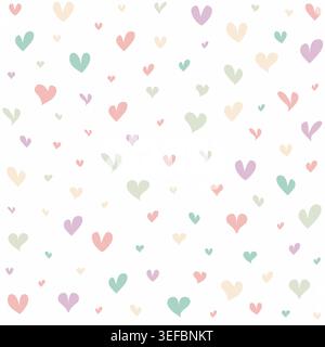 Seamless pattern of scattered pastel hearts in pink, purple, mint and peach on white background Stock Vector