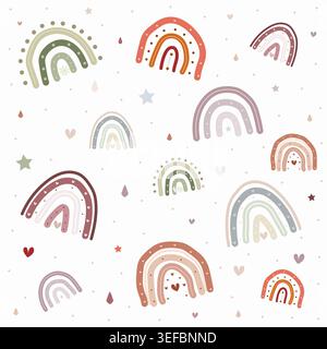 Boho rainbow pattern with stars, hearts and dots in muted earthy tones on white background Stock Vector