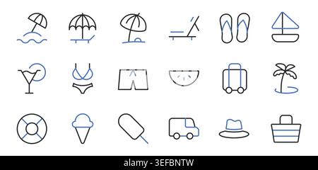 Summer vacation and beach icons set editable stroke line vector illustration. Stock Vector