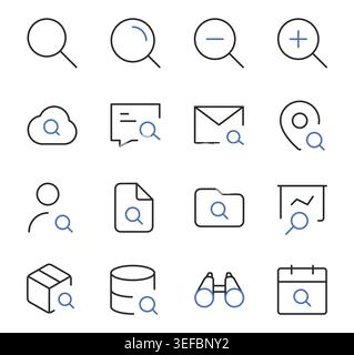 Search icons set magnifying glass find and zoom editable stroke line vector illustration. Stock Vector