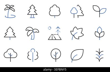 Tree Leaf Plant Icons Editable Stroke Line Vector Illustration Set. Stock Vector