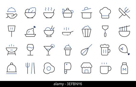 Restaurant Food Cooking Kitchen Icons Editable Stroke Line Vector Illustration Set. Stock Vector