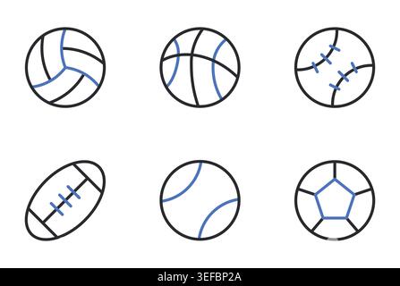 Sports balls icons set editable stroke line vector illustration. Stock Vector