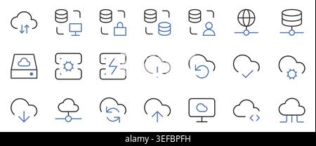 Cloud Computing and Data Storage Icons Set Editable Stroke Line Vector Illustration. Stock Vector