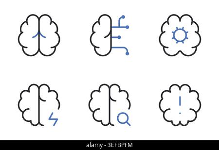 Brain and Artificial Intelligence Icons Set Editable Stroke Line Vector Illustration. Stock Vector