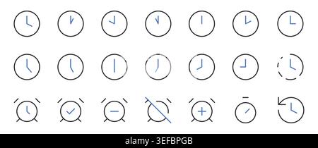 Clock Time Icons Set Outline Editable Stroke Vector Illustration. Stock Vector