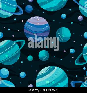 Space seamless pattern background. Planets, stars, asteroids in outer space Stock Vector