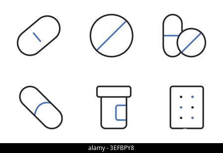Medicine pills and pharmacy icons set editable stroke line vector illustration. Stock Vector