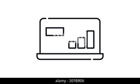Laptop data analytics and business report icon: portable computer with bar chart on screen, minimalist black line art vector illustration. Stock Vector