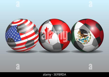 Football or soccer balls with the flags of the 2026 World Cup organizing countries, USA, CANADA, MEXICO, vector illustration Stock Vector