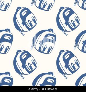 Backpack pattern for travel and education concept in flat style. Seamless graphic illustration of vintage rucksack for textile, fabric, paper and Stock Vector