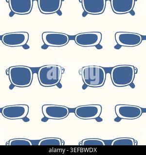 Seamless pattern with flat style blue sunglasses on light background. Travel or summer concept. Repeat illustration for textile, fabric, paper design. Stock Vector