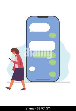 Flat vector illustration of a woman using a smartphone beside a large messaging app interface with chat bubbles and digital communication concept. Stock Vector