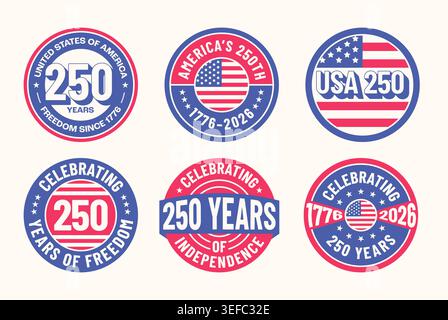 Set of USA 250 anniversary badges for 4th of July celebration with patriotic elements. Vector illustration Stock Vector