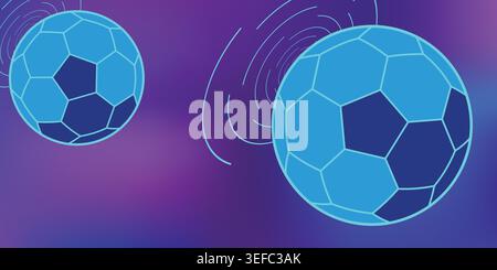 Two blue soccer balls with neon lines on purple background with motion effect Stock Vector