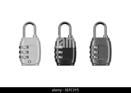 Three monochrome combination padlocks in a row isolated on a white background. Stock Photo