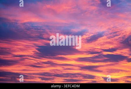 Blazing pink and purple sunset skies paint a dramatic UK horizon, creating a vibrant backdrop perfect for travel inspiration. Stock Photo
