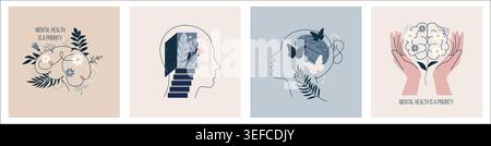 Mental health. Brain world awareness day, mind puzzle priority month. Support your life, stress symbol. Minimal card design. Wellbeing, support, thera Stock Vector