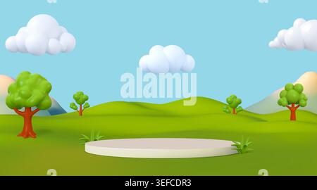3d grass background. Kid sky in spring park, nature game garden with tree and clouds. Cute green field. White empty platform. minimal outdoor scene fo Stock Vector