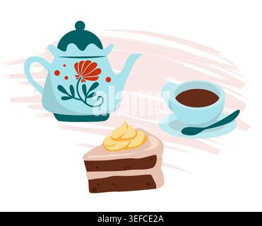 Tea set with dessert. Composition cozy floral decorated teapot, cup on saucer with hot drink and spoon, chocolate cake. Ceramic utensil. Sweet food and drink. Vector cartoon isolated illustration Stock Vector